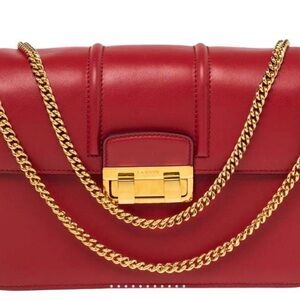 Lanvin Jiji-Crimson Leather Shoulder Bag with Gold Chain